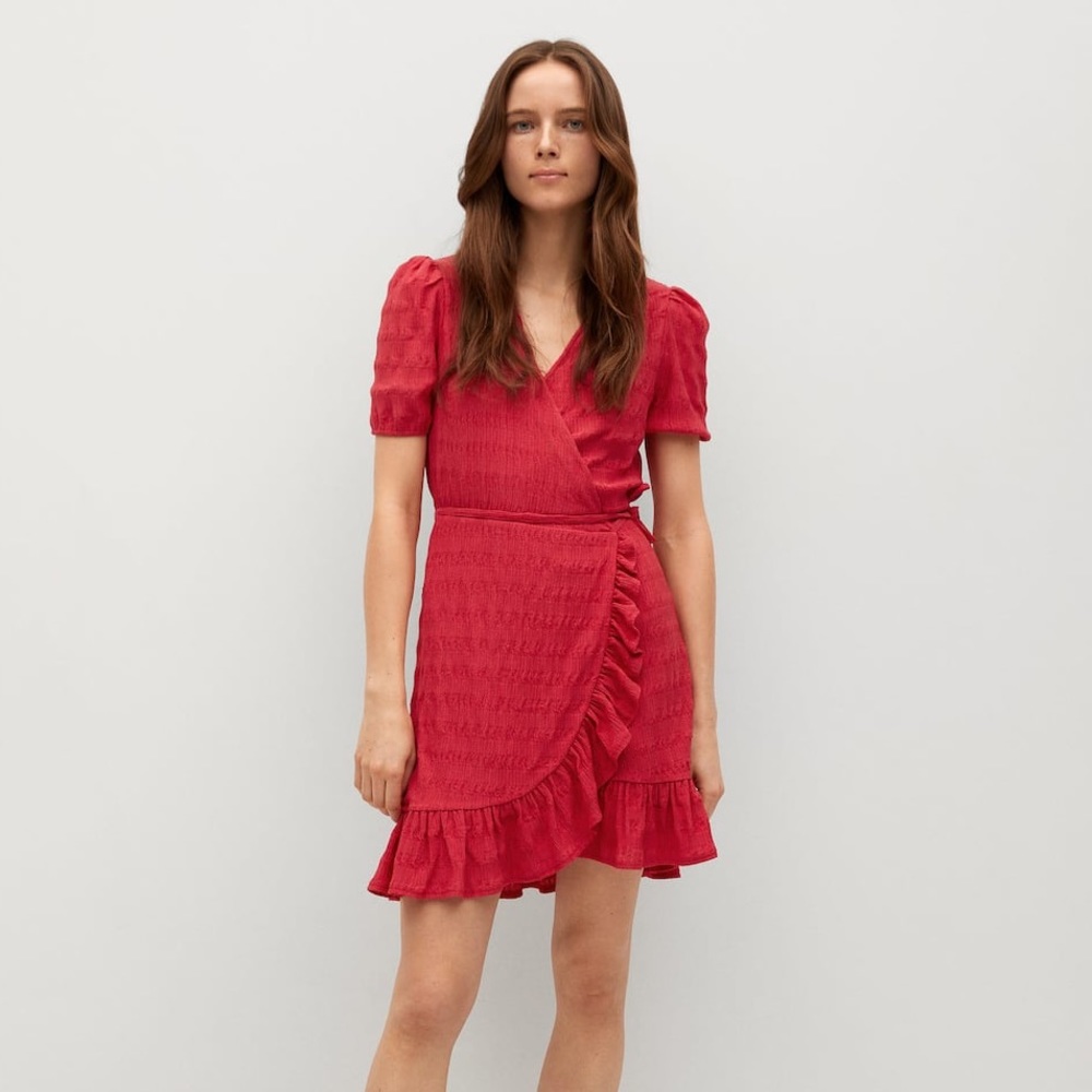 NWT MNG Mango Textured Wrap Crossover Ruffle Mini Dress Fuchsia/Red - Medium